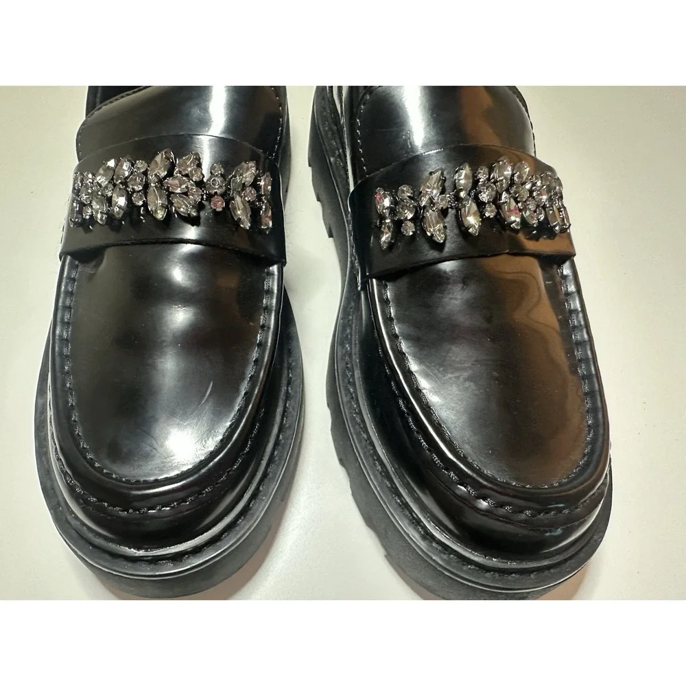 ZARA Women Chunky Black Faux Patent Leather‎ Rhinestone Loafers US 7.5 EU 38 NEW